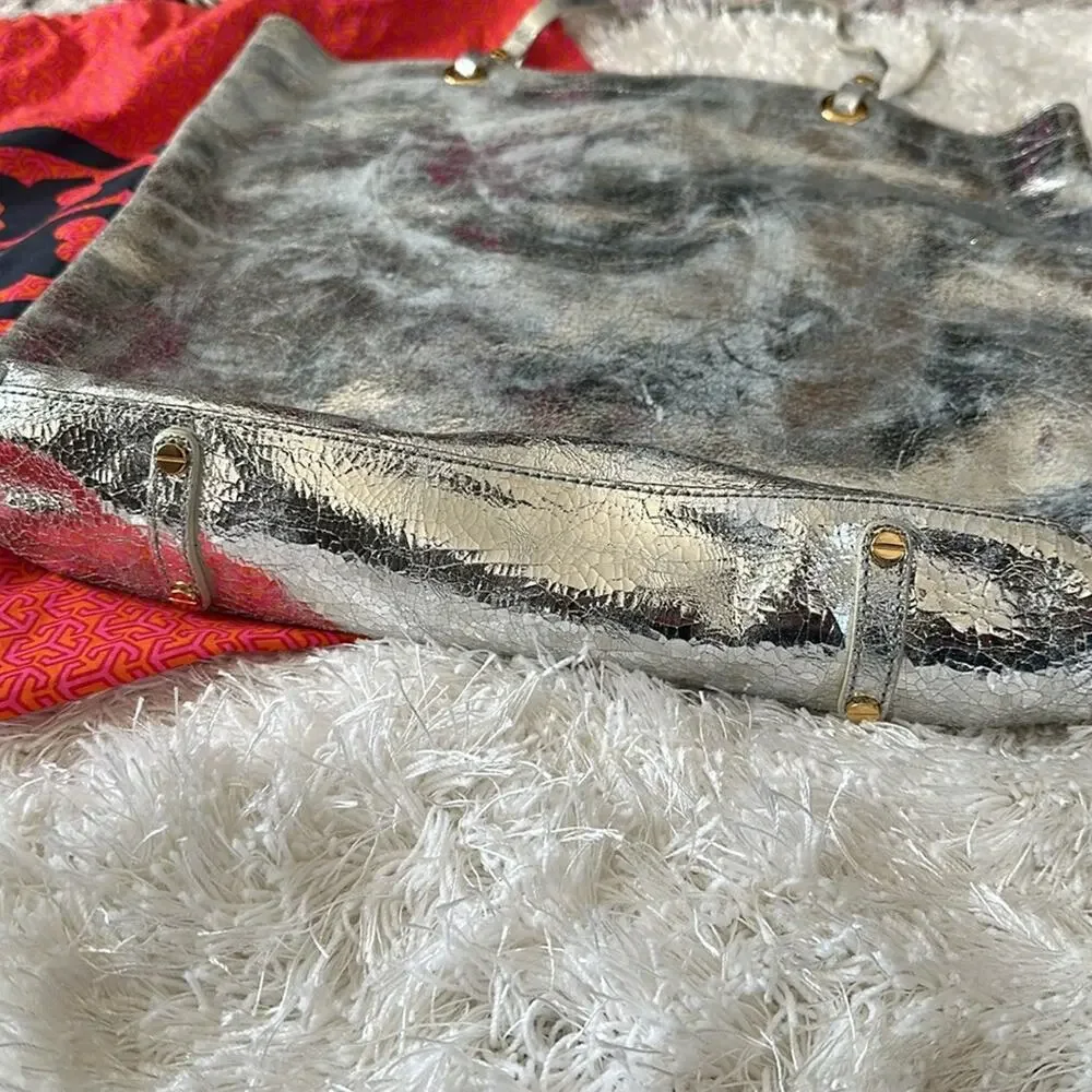 Tory Burch Metallic Silver logo T  tote Shoulder Bag.